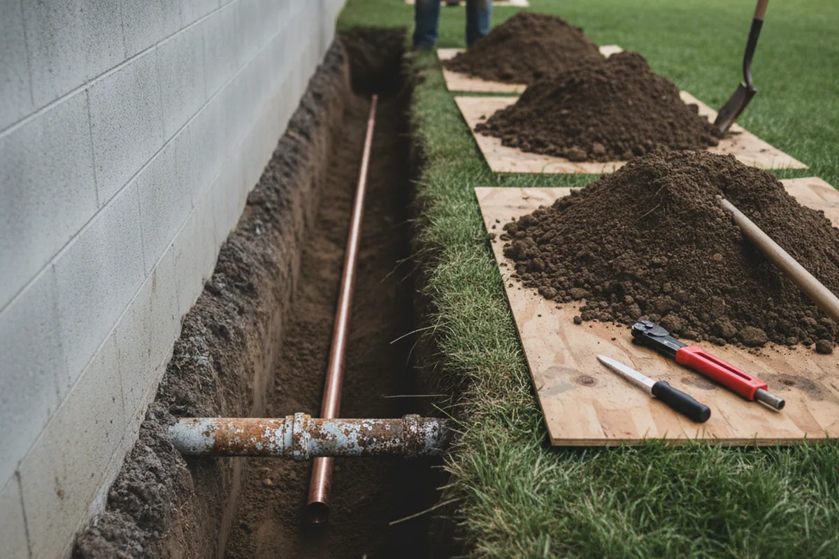 Excavated water line trench during Sewer Line Repair in Orland